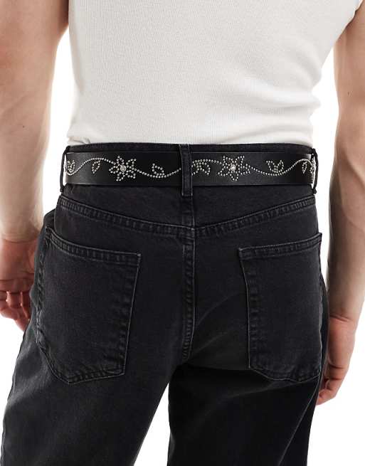Asos Design Western Belt With Floral Studding In Black Faux Leather