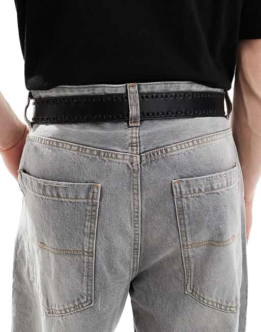 Asos Design Western Cowboy Plate Belt In Faux Leather With Whipstitch Detail In Black