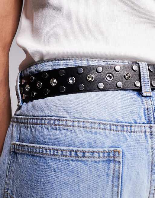 Asos Design Western Stud And Crystal Belt In Black Faux Leather