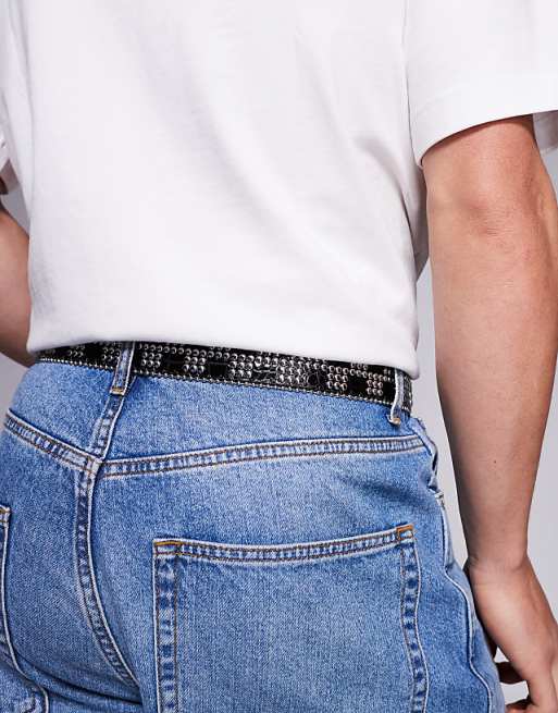 Asos Design Western Checkerboard Studded Belt In Black Faux Croc Leather