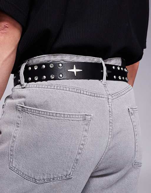 Asos Design Roller Buckle Belt With Studs And Crystals In Black Faux Leather