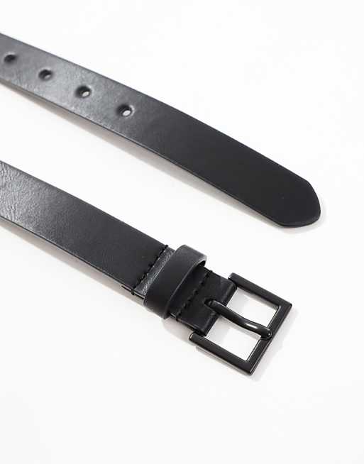 Asos Design Smart Faux Leather Skinny Belt With Matte Black Buckle In Black