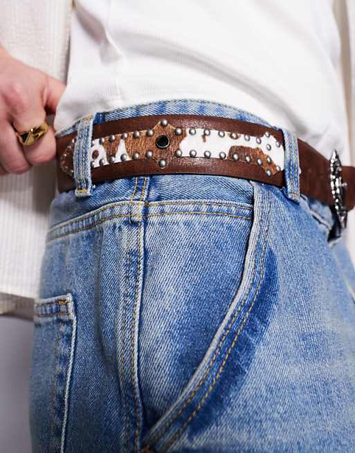 Asos Design Western Studded Trophy Belt With Cow Print Detail In Vintage Brown Faux Leather