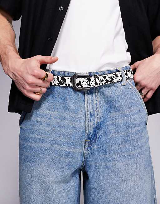 Asos Design Western Cow Print Belt In Faux Pony Leather