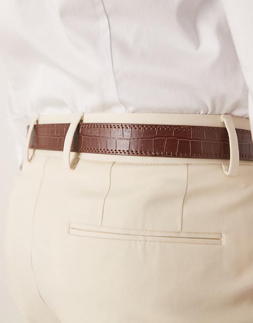 Asos Design Dressy Belt With Mock Croc Pattern In Brown Faux Leather