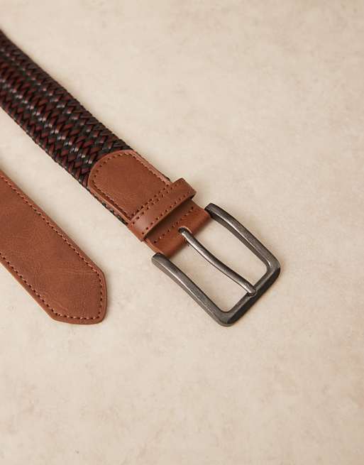 Asos Design Elasticized Woven Belt In Black And Brown Faux Leather