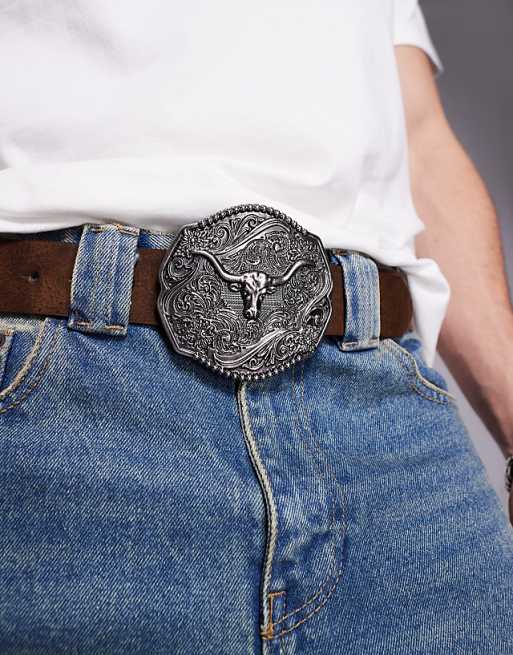 Asos Design Ram Statement Buckle Belt In Brown