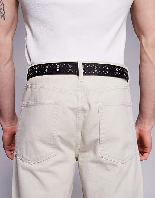 Asos Design Western Crystal Studded Belt In Black Faux Leather