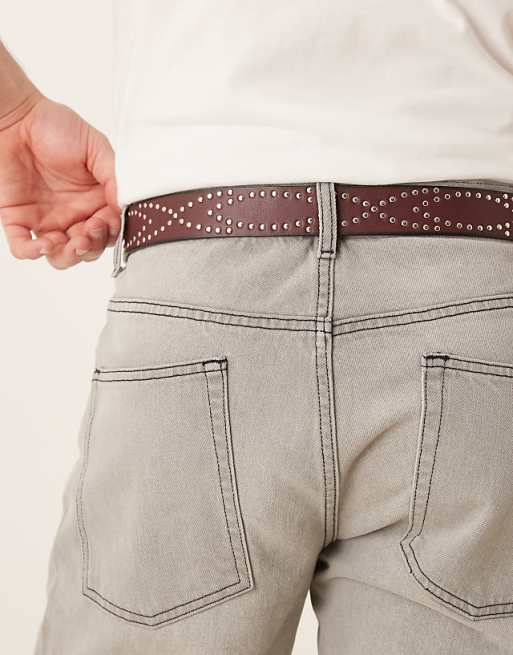 Asos Design Studded Burnished Belt In Burgundy