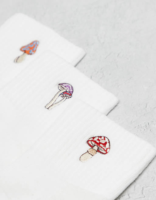 Men ASOS DESIGN 3 pack short sock with mushroom embroidery in ecru