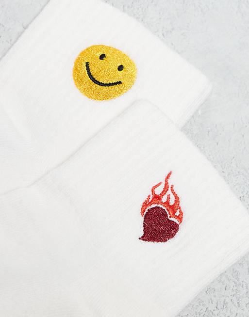 Men ASOS DESIGN 2 pack socks with embroidery symbols in white