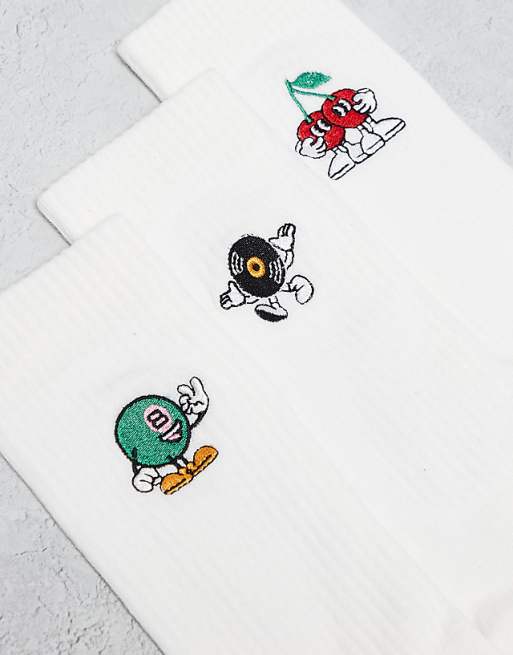 Men ASOS DESIGN 3 pack socks with characters graphics in white