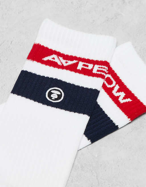 Men AAPE By A Bathing Ape Logo Stripe Socks In White