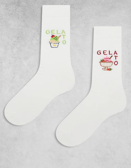 Men ASOS DESIGN 2-pack socks with ice cream graphic in white