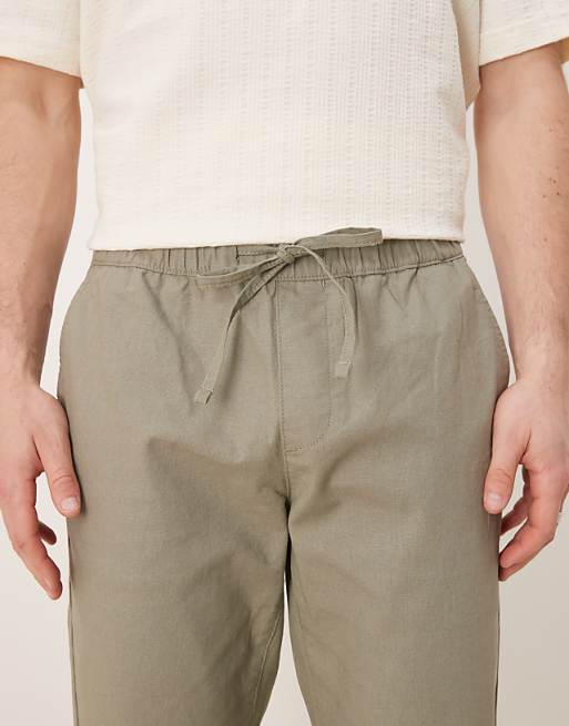Chino Asos Deisgn Linen Mix Slim Pants With Elastic Waist In Khaki