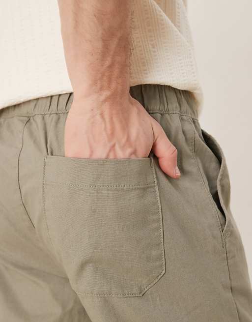 Chino Asos Deisgn Linen Mix Slim Pants With Elastic Waist In Khaki