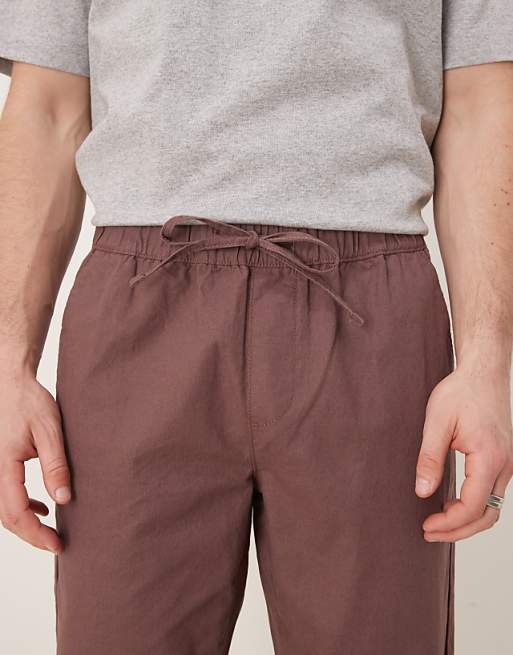 Chino Asos Deisgn Linen Mix Slim Pants With Elastic Waist In Brown