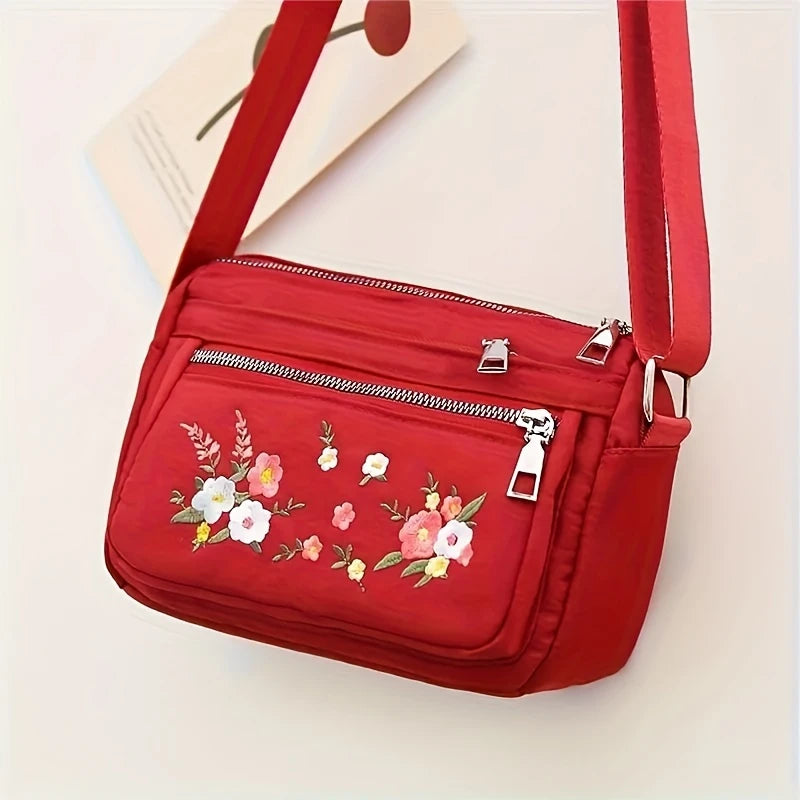 Lightweight Chic Embroidered Floral Nylon Crossbody Bag