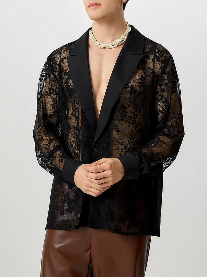 Men'S Elegant Floral Lace Patchwork Blazer