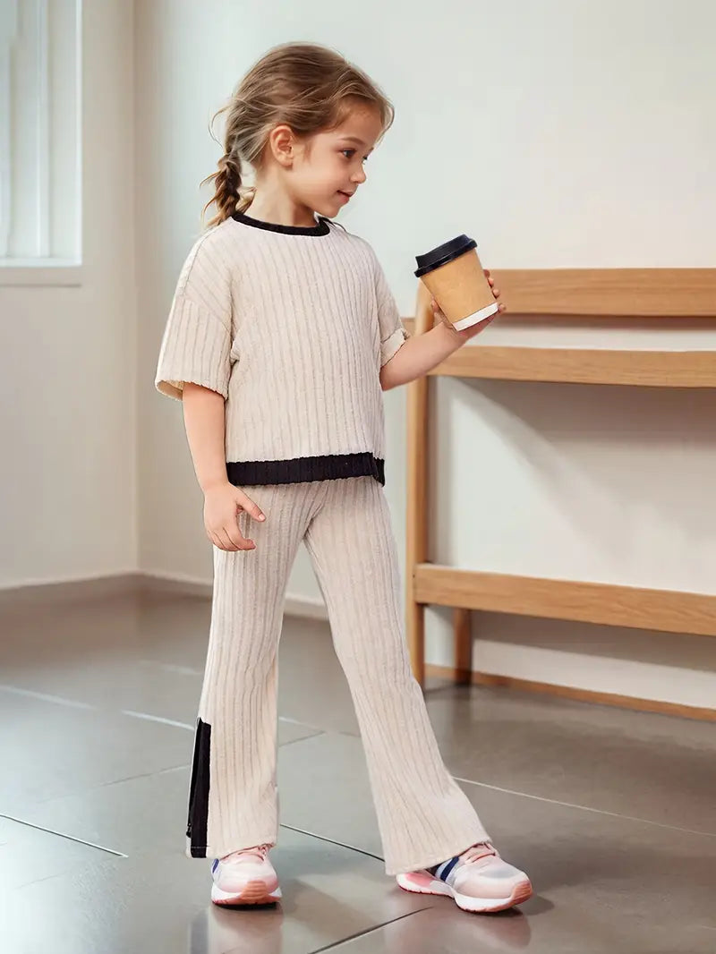 Color Block Frill Shoulder T-Shirt And Split Pants