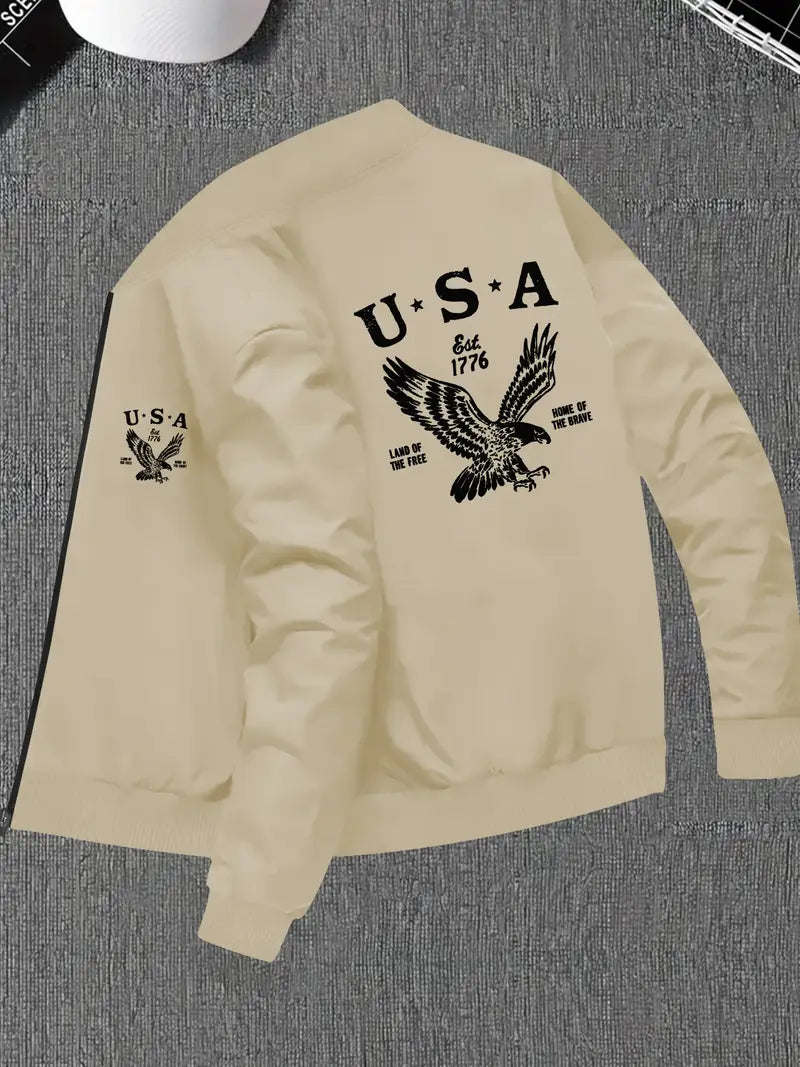 Men's Casual Eagle Print Zip-Up Jacket