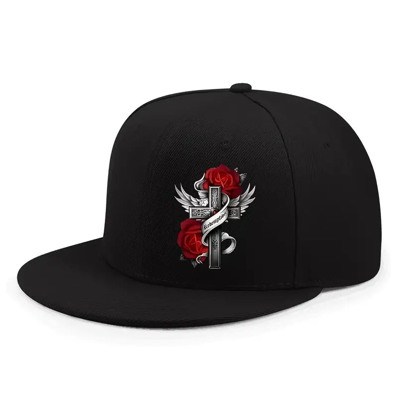 Flat-Brim Hip-Hop Cap with Red Rose Cross Design