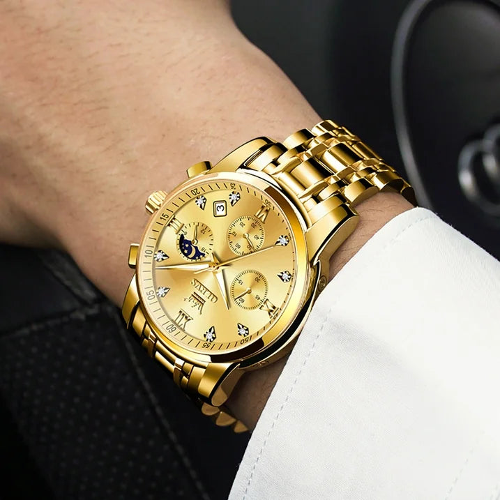 OLEVS Watches for Men, Mens Watches Gifts for Men Chronograph Analog Quartz Luxury Casual Classic Diamond Waterproof Luminous Gold Stainless Steel Reloj para Hombre