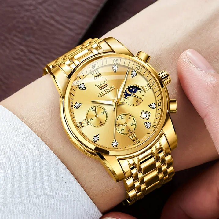 OLEVS Watches for Men, Mens Watches Gifts for Men Chronograph Analog Quartz Luxury Casual Classic Diamond Waterproof Luminous Gold Stainless Steel Reloj para Hombre