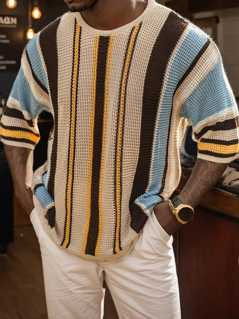 Ribbed Knit Color Block Men Striped Sweater