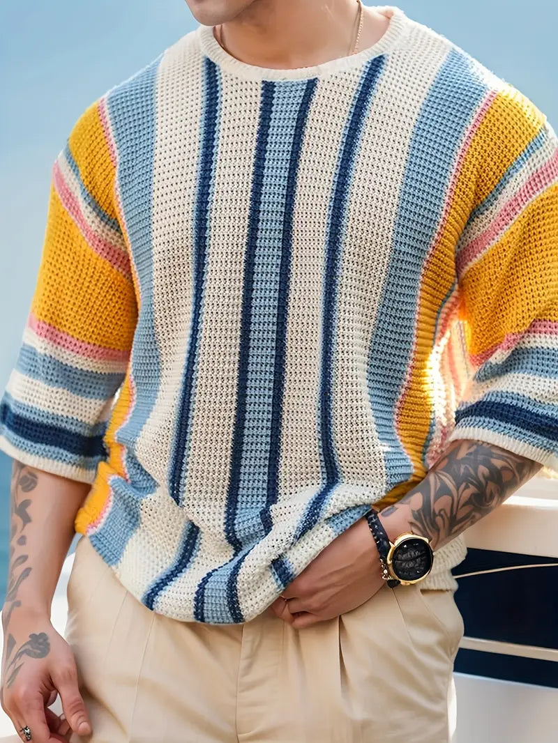 Ribbed Knit Color Block Men Striped Sweater