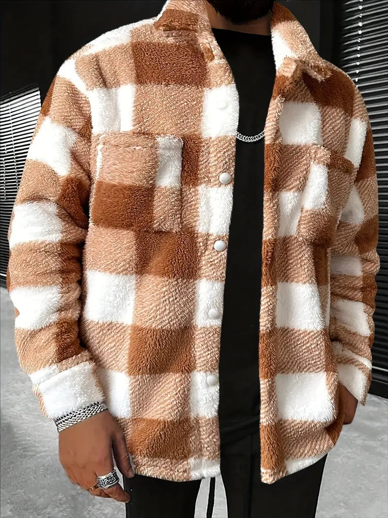 Men's Color Block Checkered Fleece Jacket