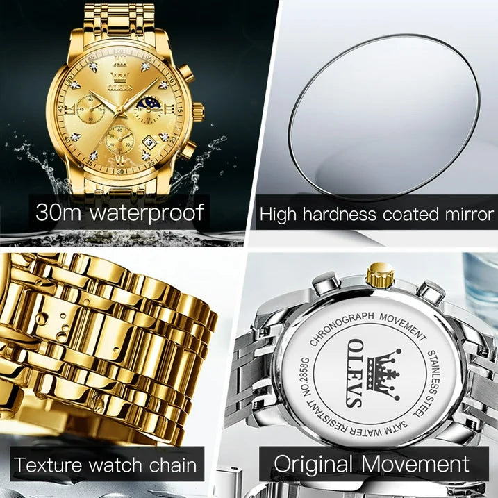 OLEVS Watches for Men, Mens Watches Gifts for Men Chronograph Analog Quartz Luxury Casual Classic Diamond Waterproof Luminous Gold Stainless Steel Reloj para Hombre