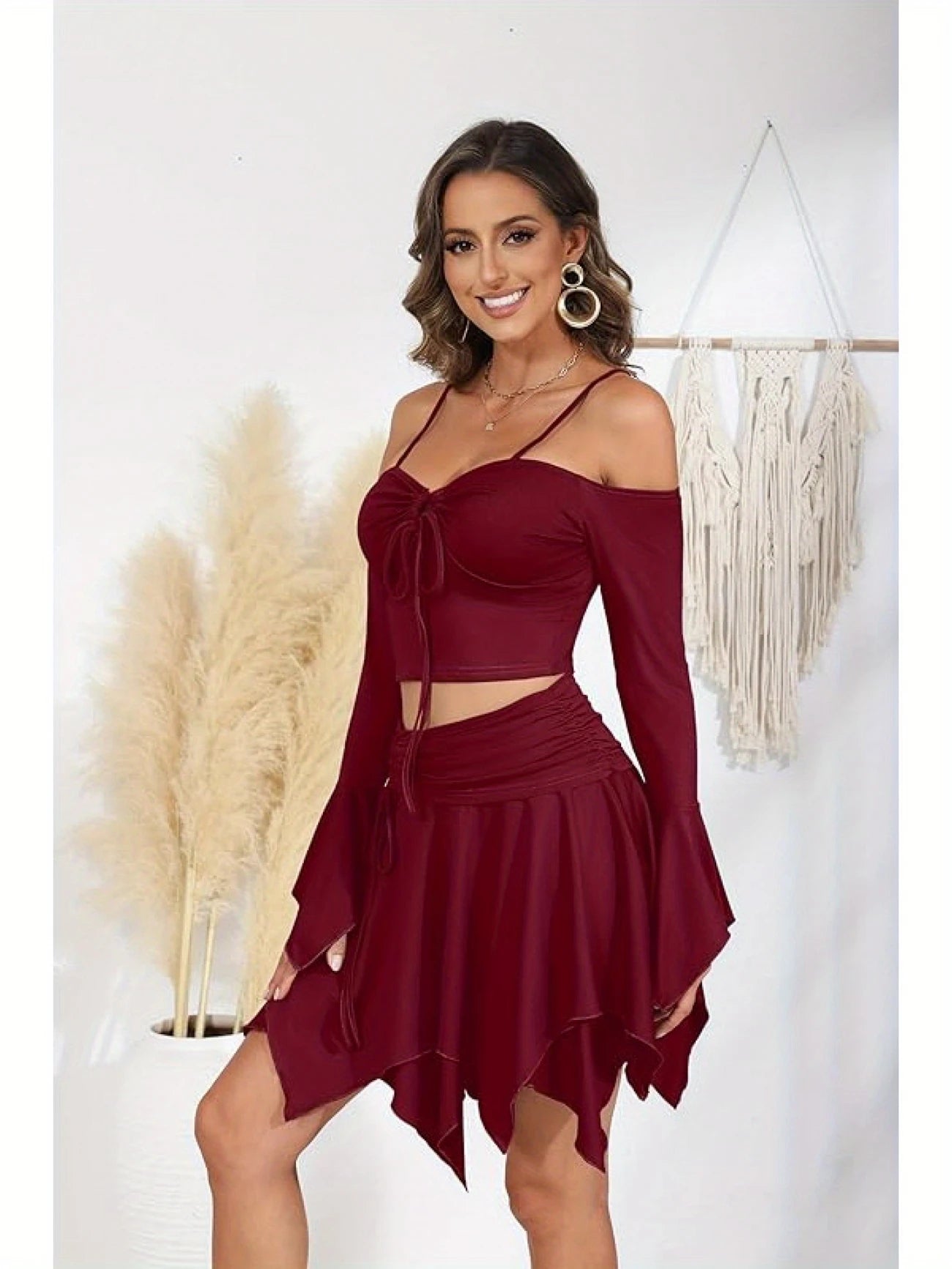 Women 2pcs Skirt Set Sexy Fairy Off Shoulder Rave Ruffled Outfits
