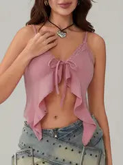 Women's Sexy Summer Fitted Camisole Top - Sleeveless V-Neck Tie-Up Bow Bustier Crop Top