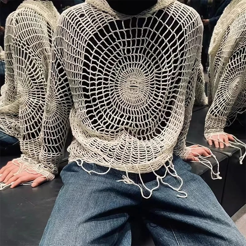 Men's Spider Web Hollow Knit Hoodie Sweater