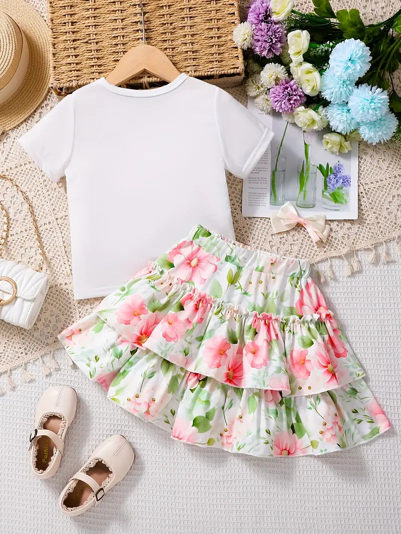 Printed Short Sleeve T-shirt + Floral Printed Short Skirt