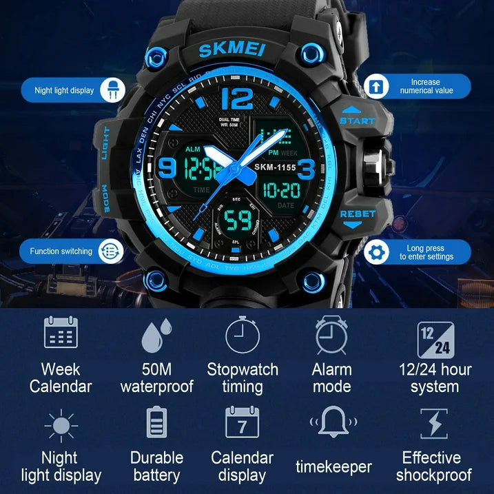 SKMEI Men's Wrist Watch,Large Face Military Waterproof Watches for Men with Stopwatch Alarm LED Back Light Sports Watch, Blue