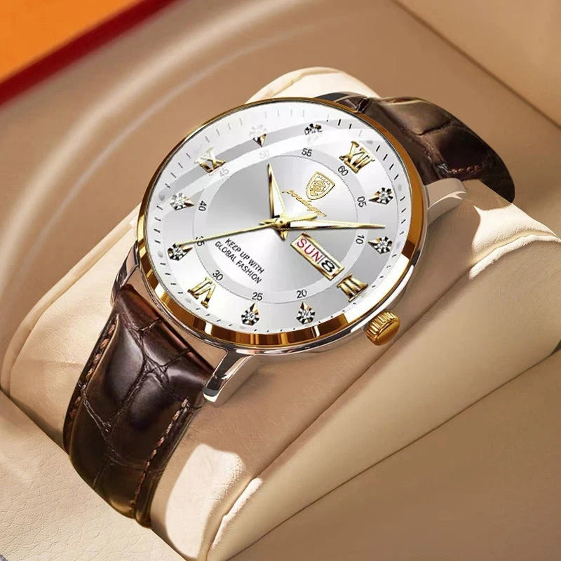 Men's Leather Quartz Watch Waterproof & Luminous