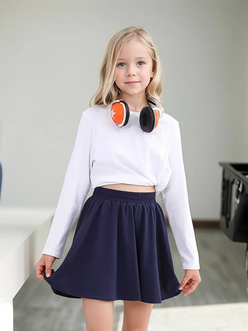 Girls' Navy Blue Casual Skirt with Elastic Waist