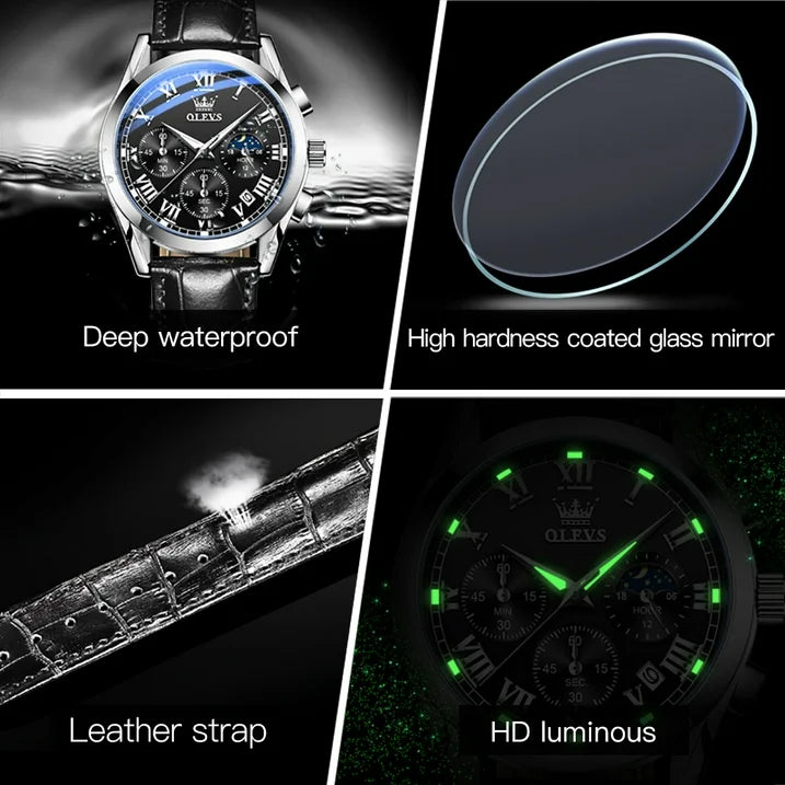 Leather Strap Date Silver Classic Watch for Men