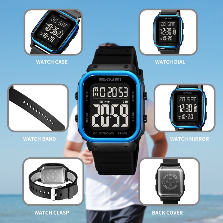 Digital Multifunction Watch Outdoor Casual Square 50M Waterproof Led Light Wristwatch for Men