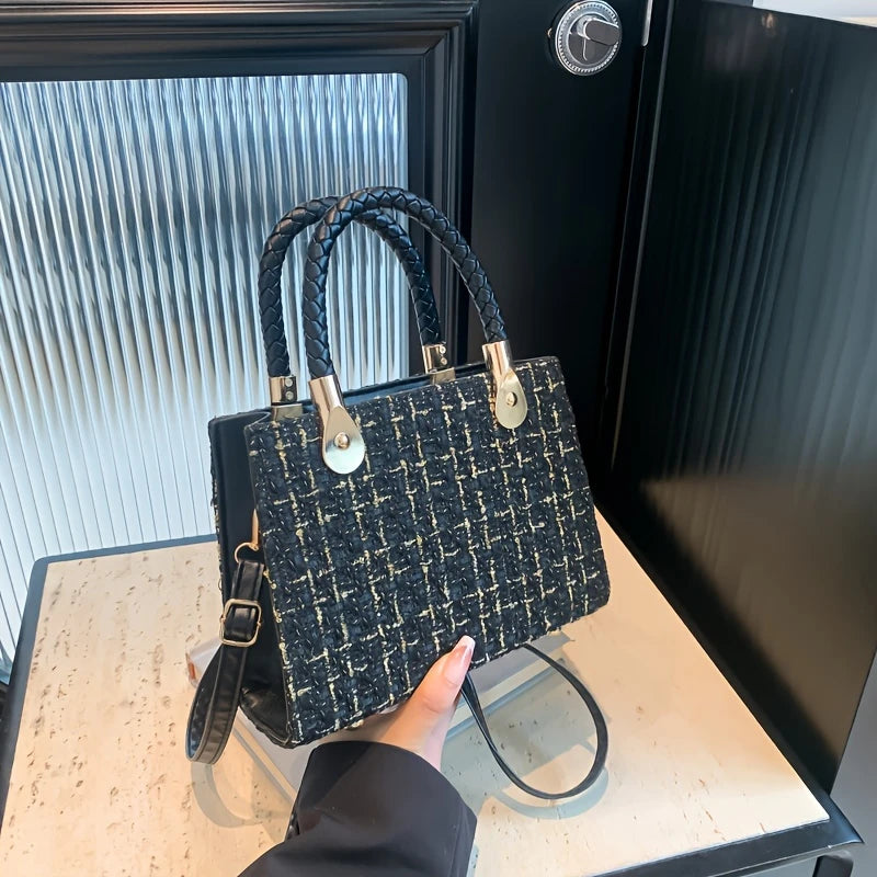 New White Plaid Synthetic Leather Crossbody Bag for Women