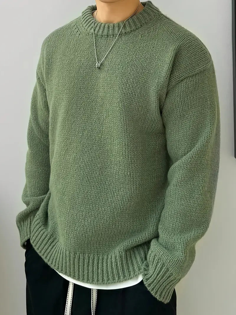 Mens Cozy Solid Knitted Long Sleeve Pullover Sweater
