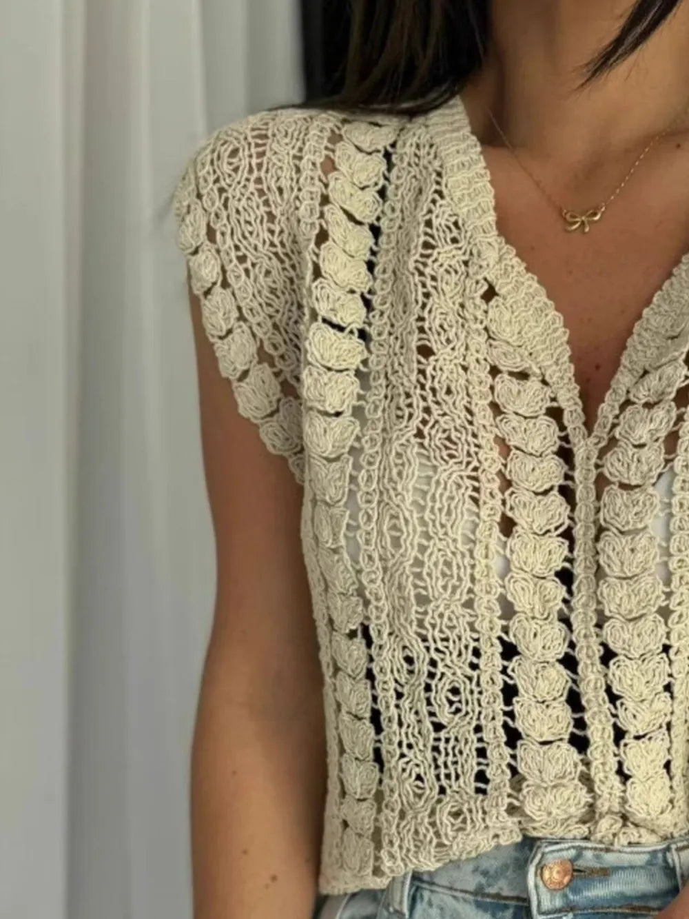 Crochet Knit V-Neck Sweater Vest