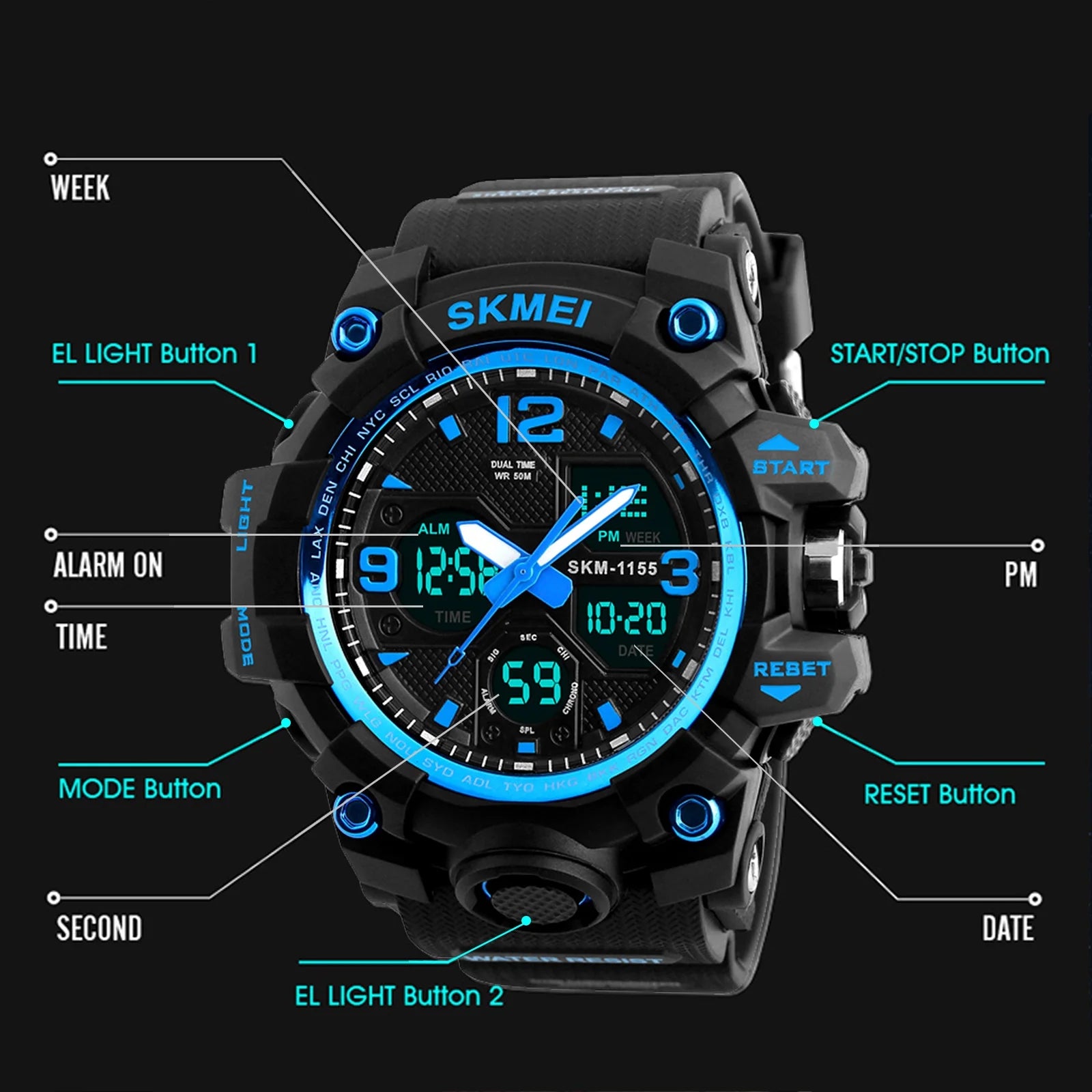 SKMEI Men's Wrist Watch,Large Face Military Waterproof Watches for Men with Stopwatch Alarm LED Back Light Sports Watch, Blue
