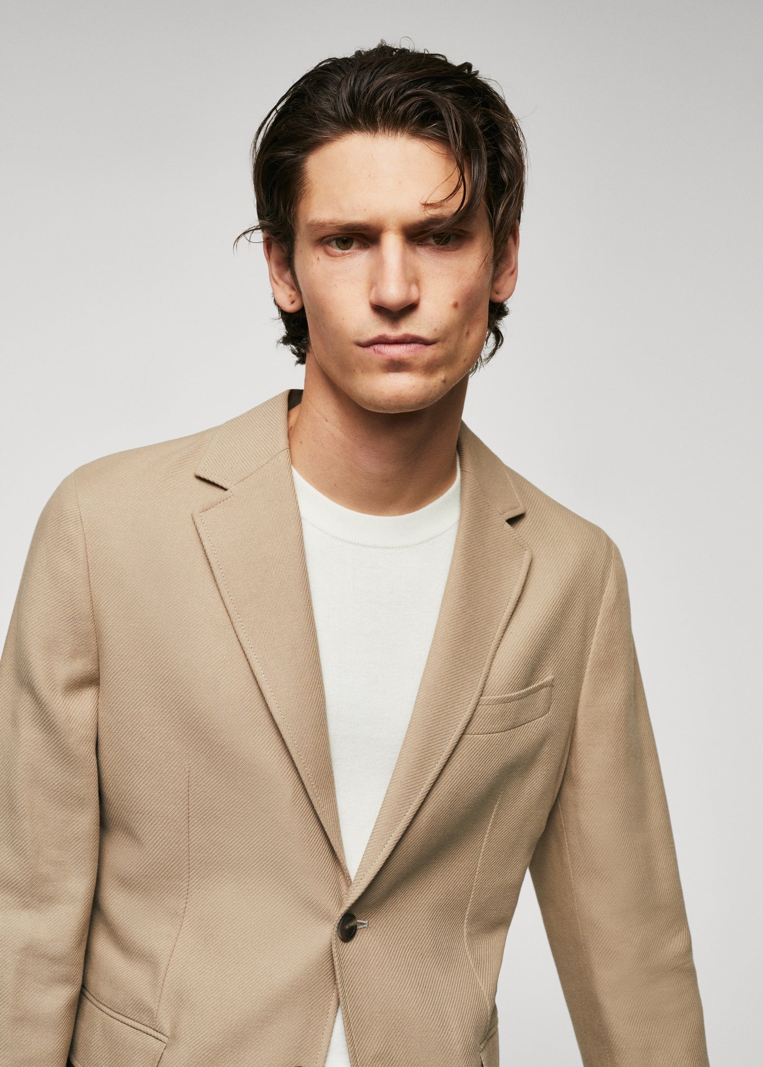 Structured Slim Fit Cotton Blazer Beige