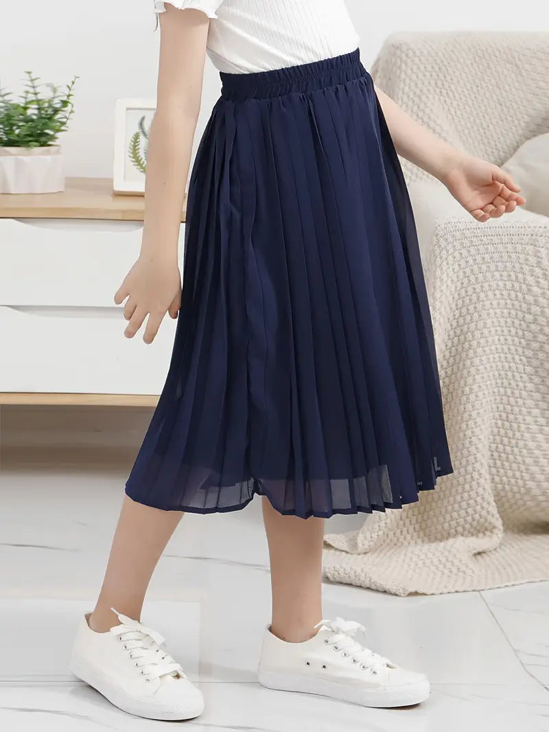 Girls Solid Pleated A-line Skirt Party Gift Spring Fall
