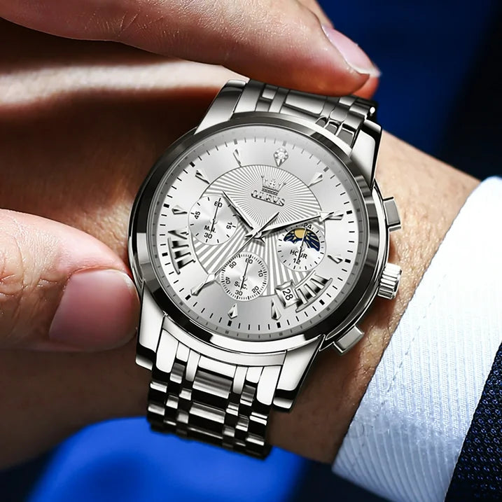OLEVS Watches for Men, Mens Watches Quartz Silver Stainless Steel Waterproof Luminous Business Calendar Wrist Watch reloj para hombre