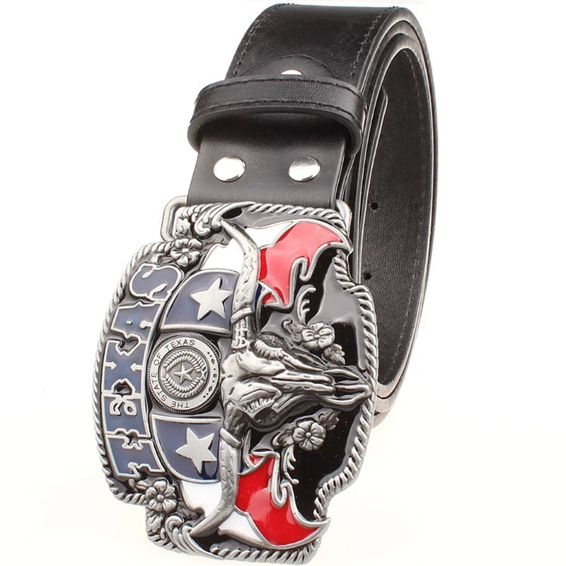 Texas Cowboy Belt with Bull Skull Buckle – 115cm