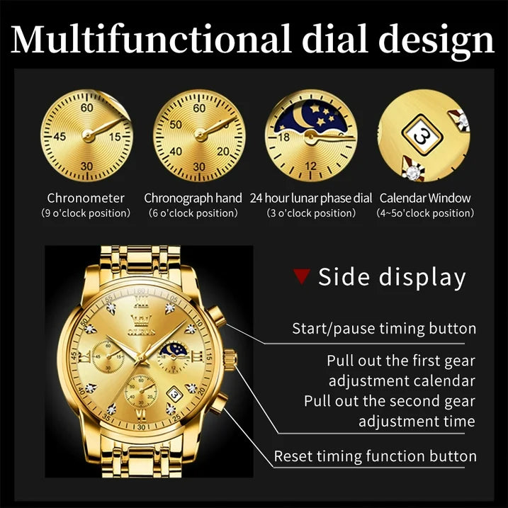 OLEVS Watches for Men, Mens Watches Gifts for Men Chronograph Analog Quartz Luxury Casual Classic Diamond Waterproof Luminous Gold Stainless Steel Reloj para Hombre
